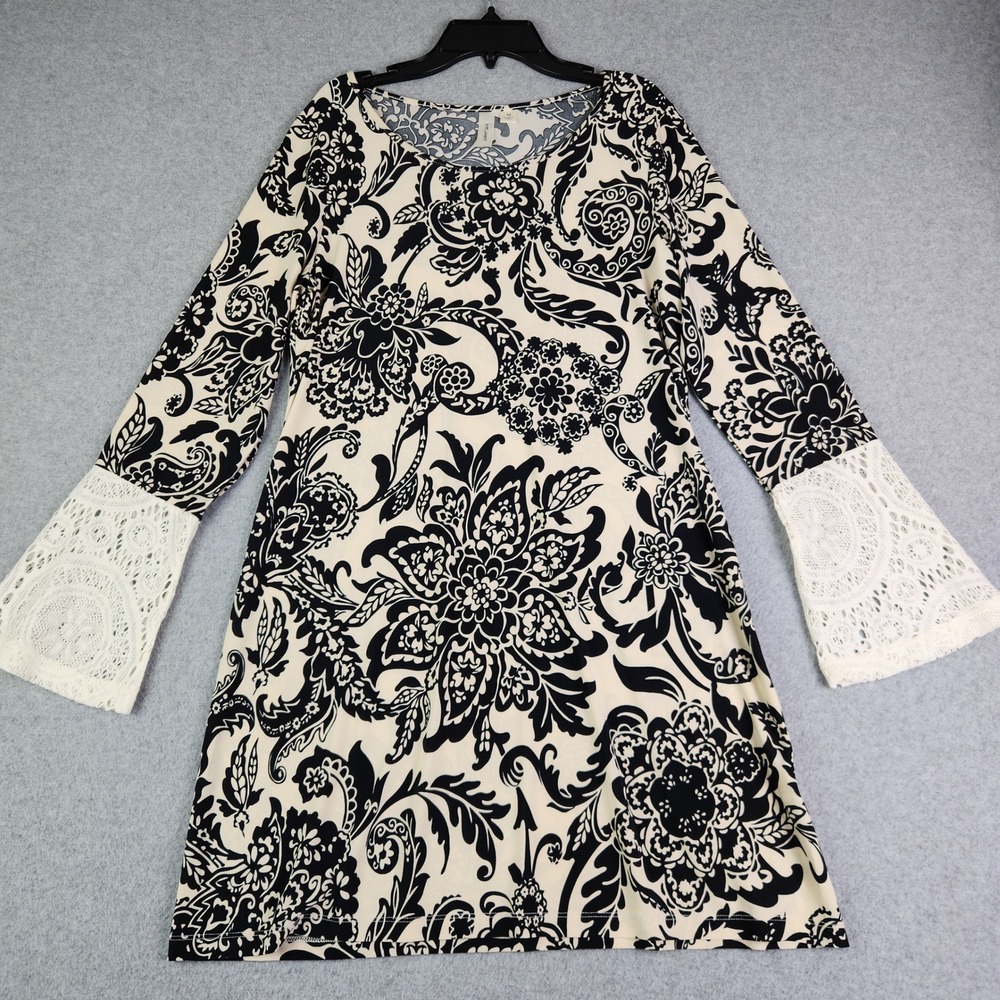 Tacera Shift Dress Womens‎ Medium Black Cream Floral Crochet Lace Bell Sleeve